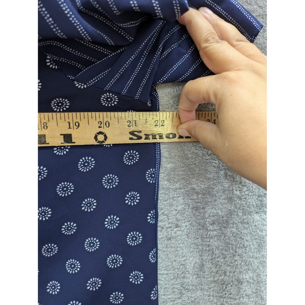 Vintage Aesthetic Button Up Blouse Womens PM Navy Blue Mixed Print Short Sleeve - Picture 3 of 7